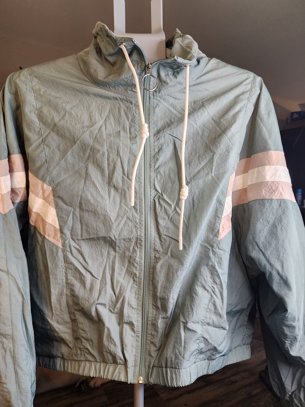 Men's Sage Hooded Windbreaker with Pink & White Sleeve Stripes